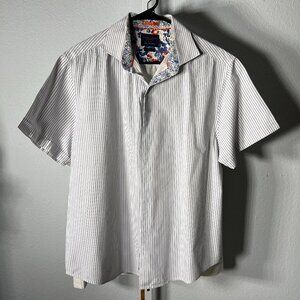 Denim & Flower Slim Fit White w Light Blue Stripes Short-Sleeve Button-Up SZ XL